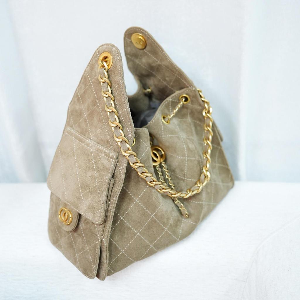 Caviar Hobo Drawstring Bucket Bag: Quilted Chain Shoulder Light Luxury Coco Style Suede