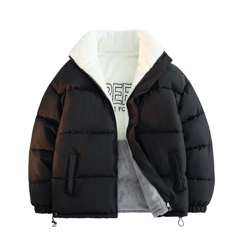 Herre vinterjakke med stående krage i bomull med lammefleece-fôr - avslappet, tykkere stil for par