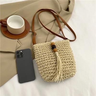 Women Handmade Straw Woven Small Bucket Bag Fashion Crossbody Shoulder Bag Ladies Simple Design Handbag Summer Travel Beach Bag
