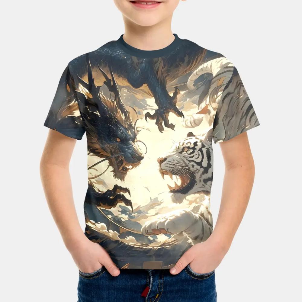 Children's Boy's Clothing Colored Dragons 3D Print Graphic T Shirts Outdoor O-Neck Summer Short Sleeves Top Clothes for Children