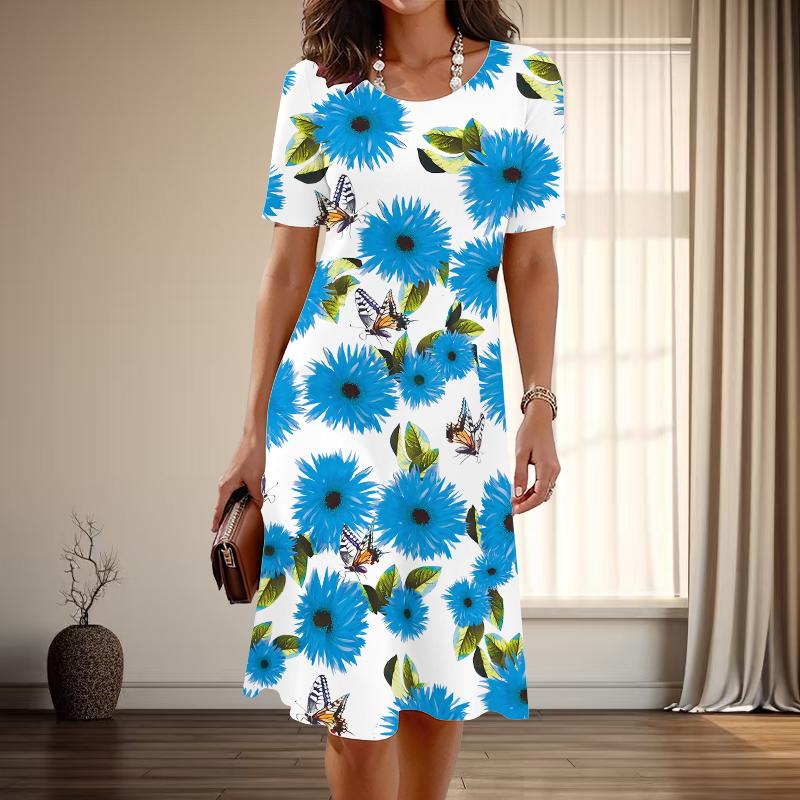 Women's Fashion Graceful Flower Print Summer Spring Short Sleeve O-Neck Casual Dresses
