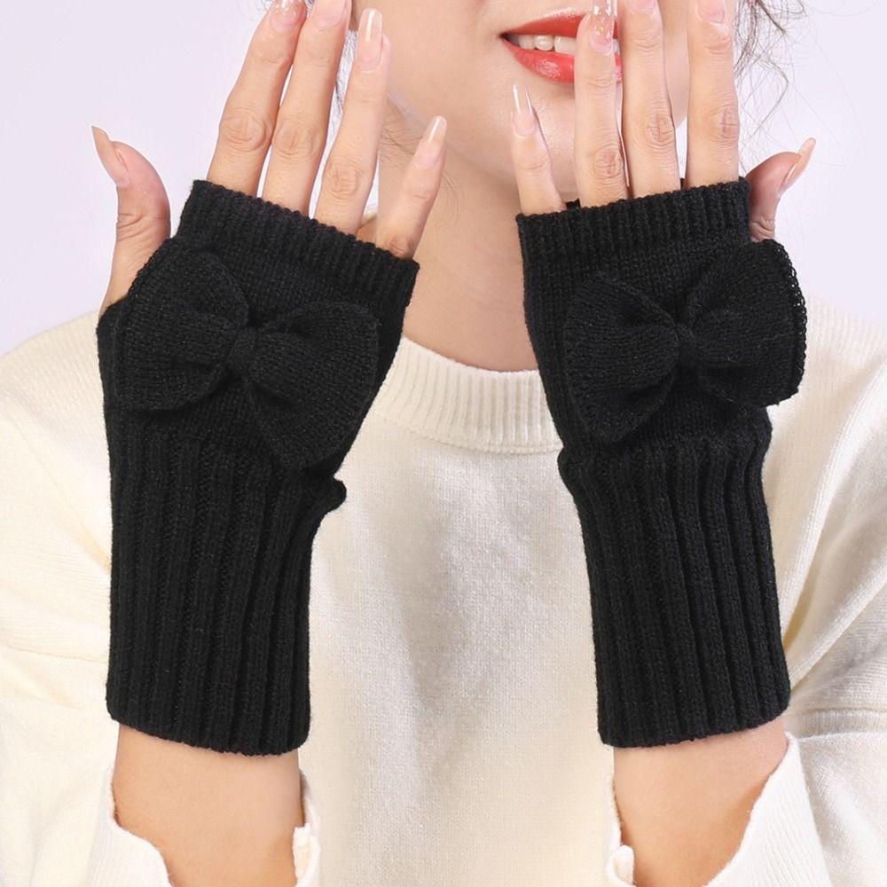 Thick Warm Bowknot Knitted Gloves Soft Half Finger Gloves Cute Arm Warmers  Women Girls