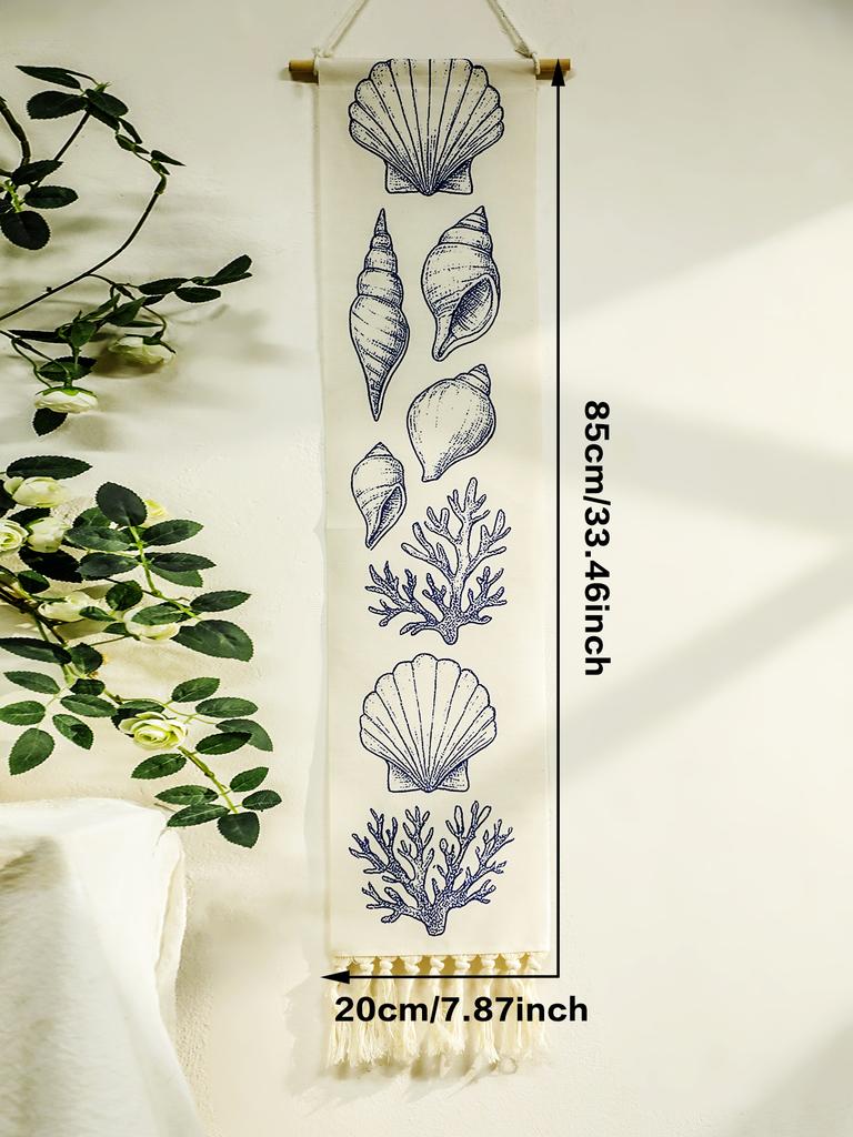 Boho Shell & Conch Wall Tapestry, White Hanging Decor Tapestries with Tassel, Beach Style Home Wall Art for Bedroom, Living Room