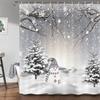 JAWO Winter Christmas Shower Curtain, Cute Snowman Snowflake Scene Shower Curtains for Bathroom, Pine Tree Covered Snow Fabric Bath Curtains Set with
