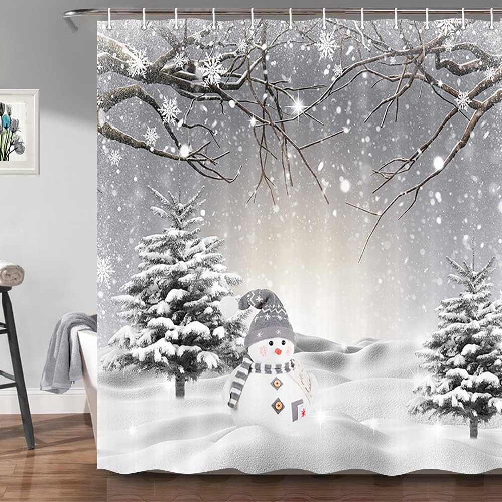 JAWO Winter Christmas Shower Curtain, Cute Snowman Snowflake Scene Shower Curtains for Bathroom, Pine Tree Covered Snow Fabric Bath Curtains Set with