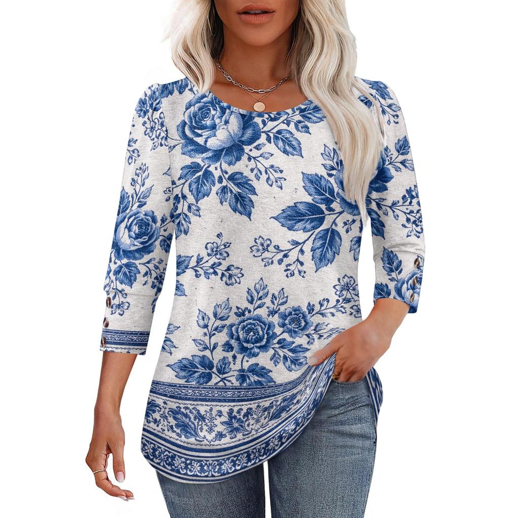 Women's Casual Round Neck Loose Three-Quarter Sleeve Top Blouse