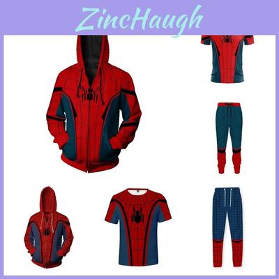 Zestaw Bluza z kapturem na zamek Spiderman T-shirt Spodnie Hip Hop Marvel Kostium Cosplay
