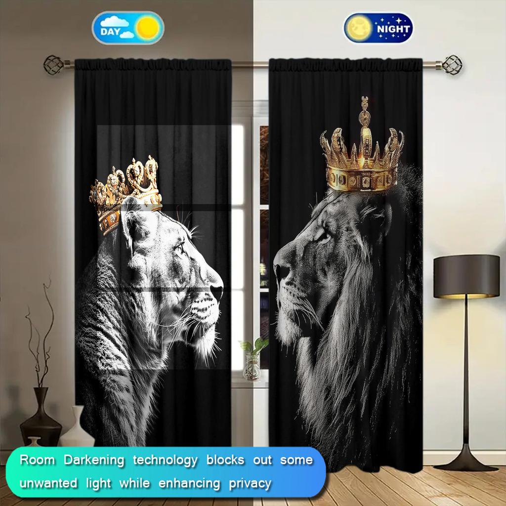 2pcs Crown Lion Printed Curtain for Home Decor - Rod Pocket Window Treatment for Bedroom, Office, Kitchen, Living Room,and Study