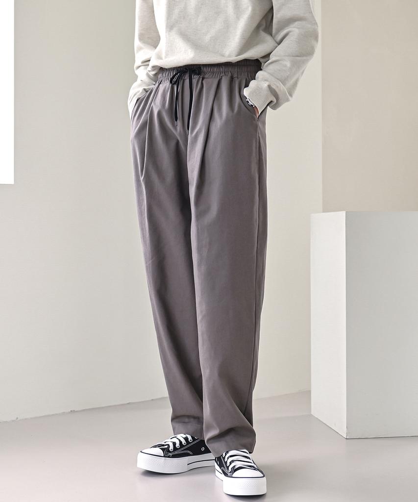 Jikeulib Elastic Waist Pintuck Semi-Wide Cotton Pants