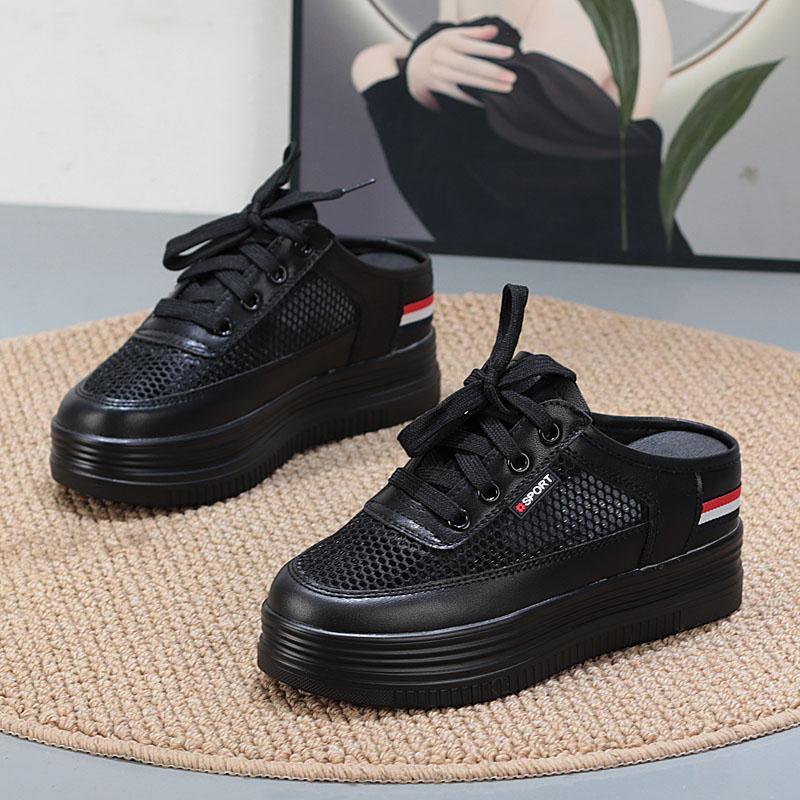 

Модная 7 см Воздушная сетка Натуральная кожа Повседневная Удобная обувь Массивные тапочки Высокий бренд Дышащие Летние Платформа Танкетка Обувь 34 чёрный