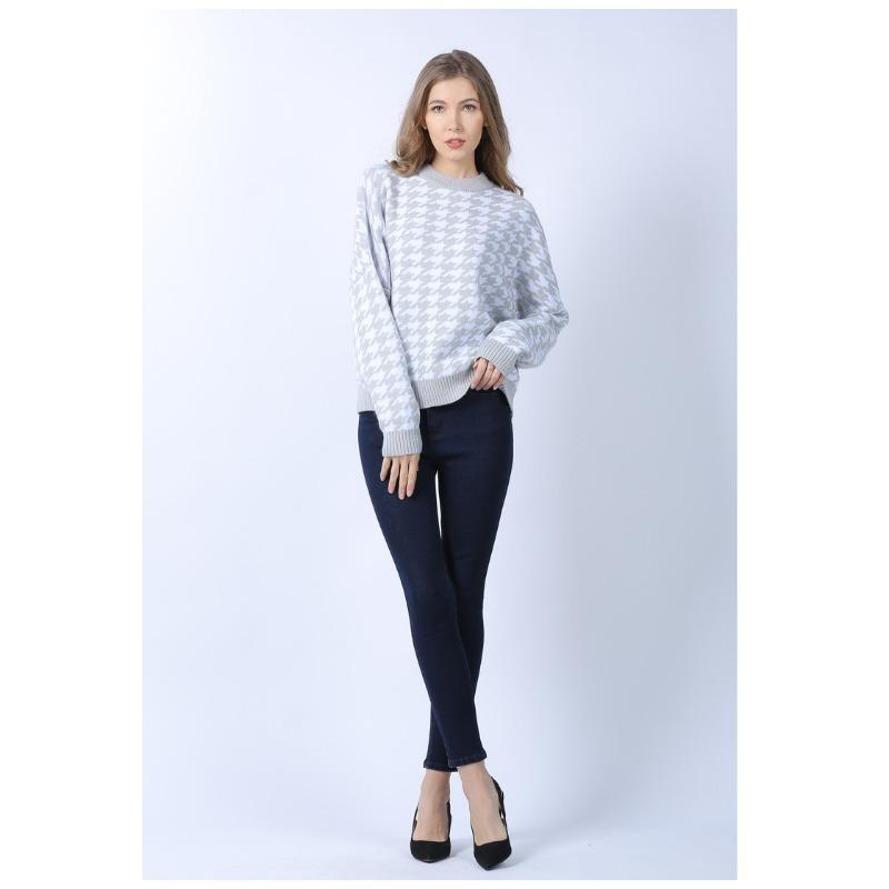 Pulover tricotat în carouri, cu gât rotund, cu mâneci lungi, pentru femei, tricotaje scurte, îngroșate, calde, Harajuku, pentru navetă, ocazional, toamnă, iarnă, cămașă cu fundul