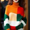 Women Color Blocking Splicing Turtleneck Sweaters Autumn Winter Thickening Vintage Loose Knitwear Top Fashion Commute Pullovers