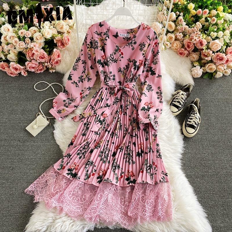 GMXIA 10 Color Retro Floral V-Neck Halter Waist Lace Dress Colored Fashion Long Dresses