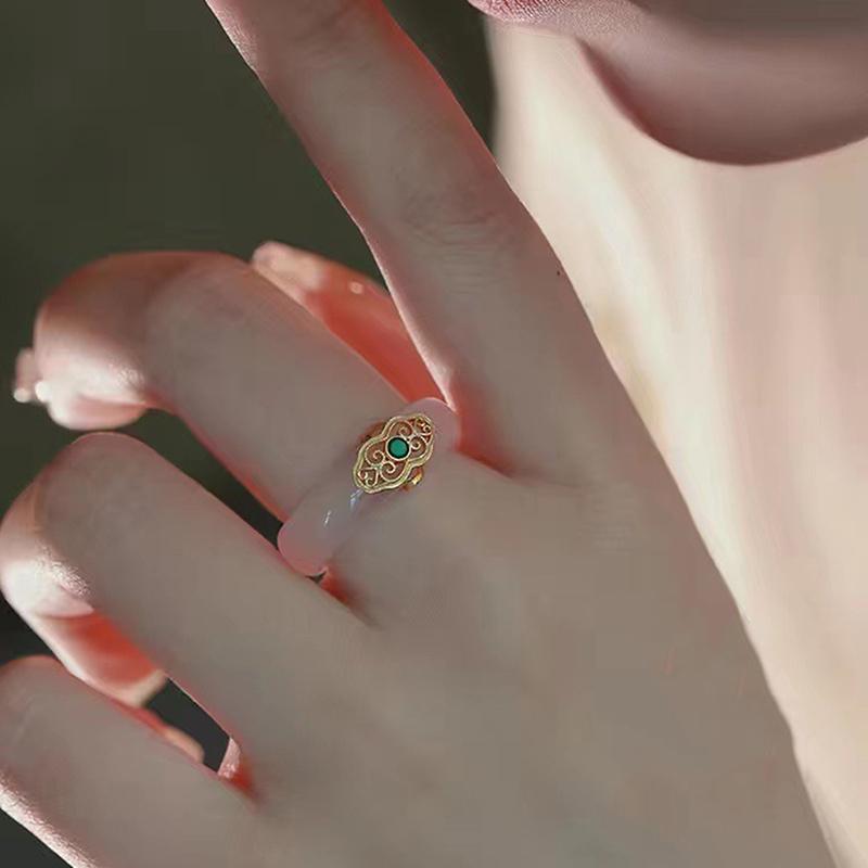 Natural High-ice White Chalcedony Ring Retro Imitation Jade Ring Fashion Delicate Stone Jewellery Hanfu Matching Hand Ornaments