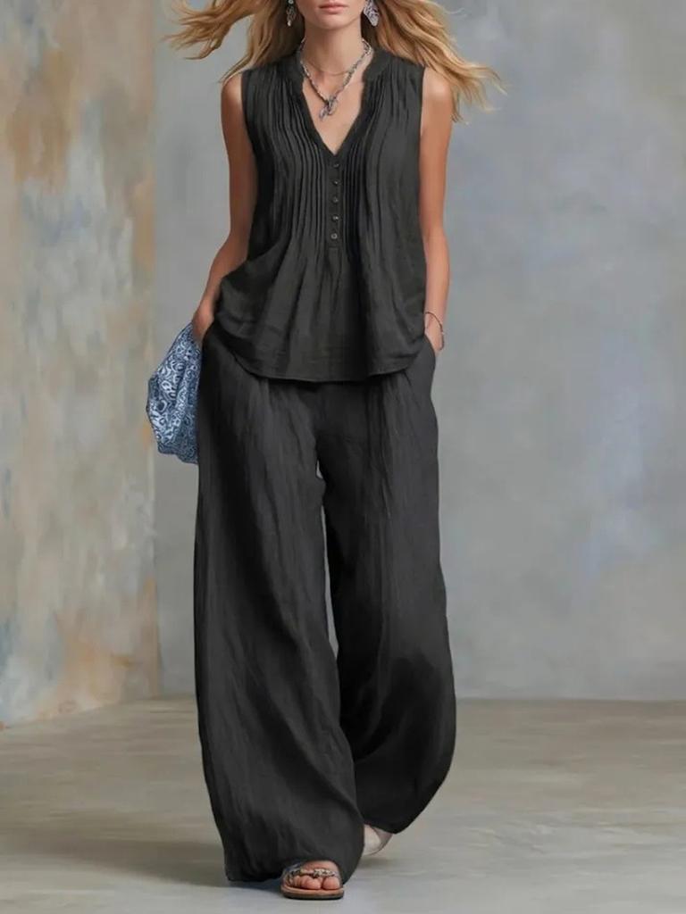 Women's Fashion Casual Solid V-Neck Ruched Loose Sleeveless Casual Wide Leg Pants Two Piece Set