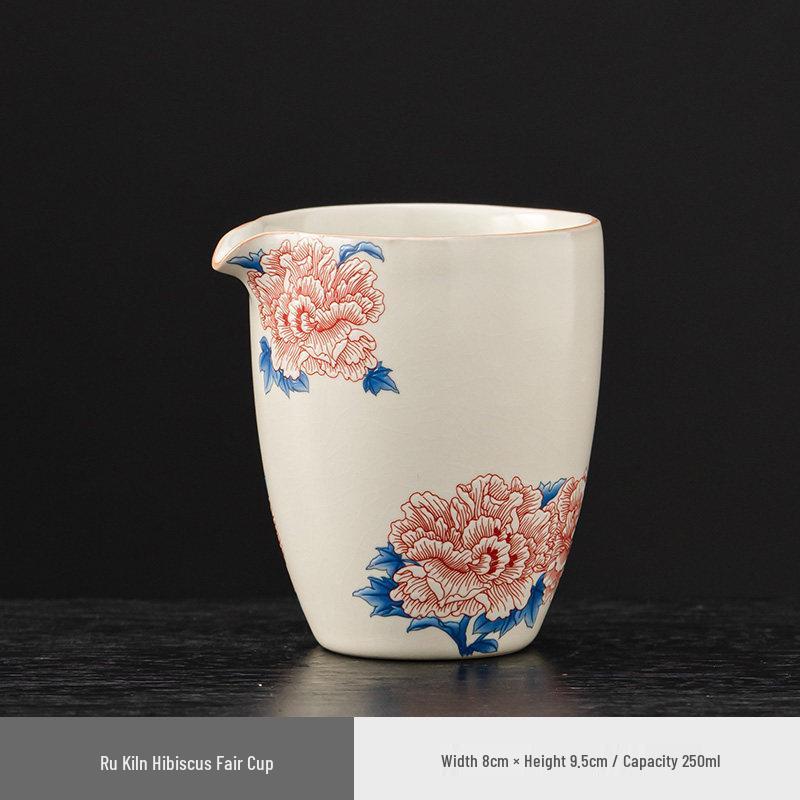 Elegant Ru Kiln Hibiscus Teapot Set: Includes Beige Side-Handle Pot, Lid, Bowl, Filter Screen, Tea Wash Pitcher, Gong Dao Bei for Gongfu Tea.