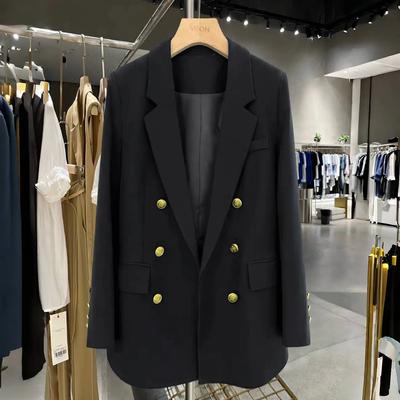 Women Suit Coat Lapel Long Sleeve Double Breasted Suit Jacket with Flap Pockets Solid Color Loose Fit Office Lady Outwear