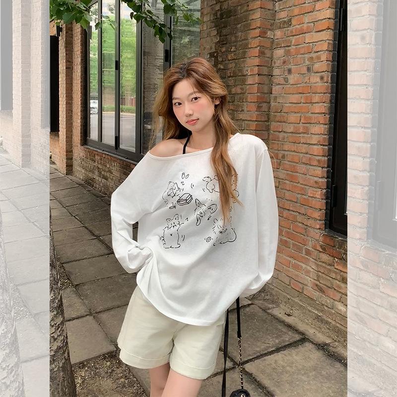 Cute puppy lazy off-shoulder sunscreen blouse T-shirt women's summer new slanted shoulder large neckline thin , over 80
