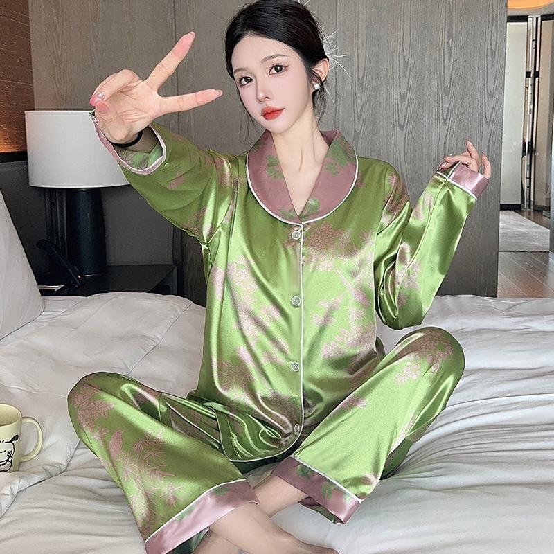 Luxury Floral Ice Silk Pajamas Girls Long-Sleeved Trousers Spring And Summer Thin Cool Loose And Thin Loungewear Real Shot