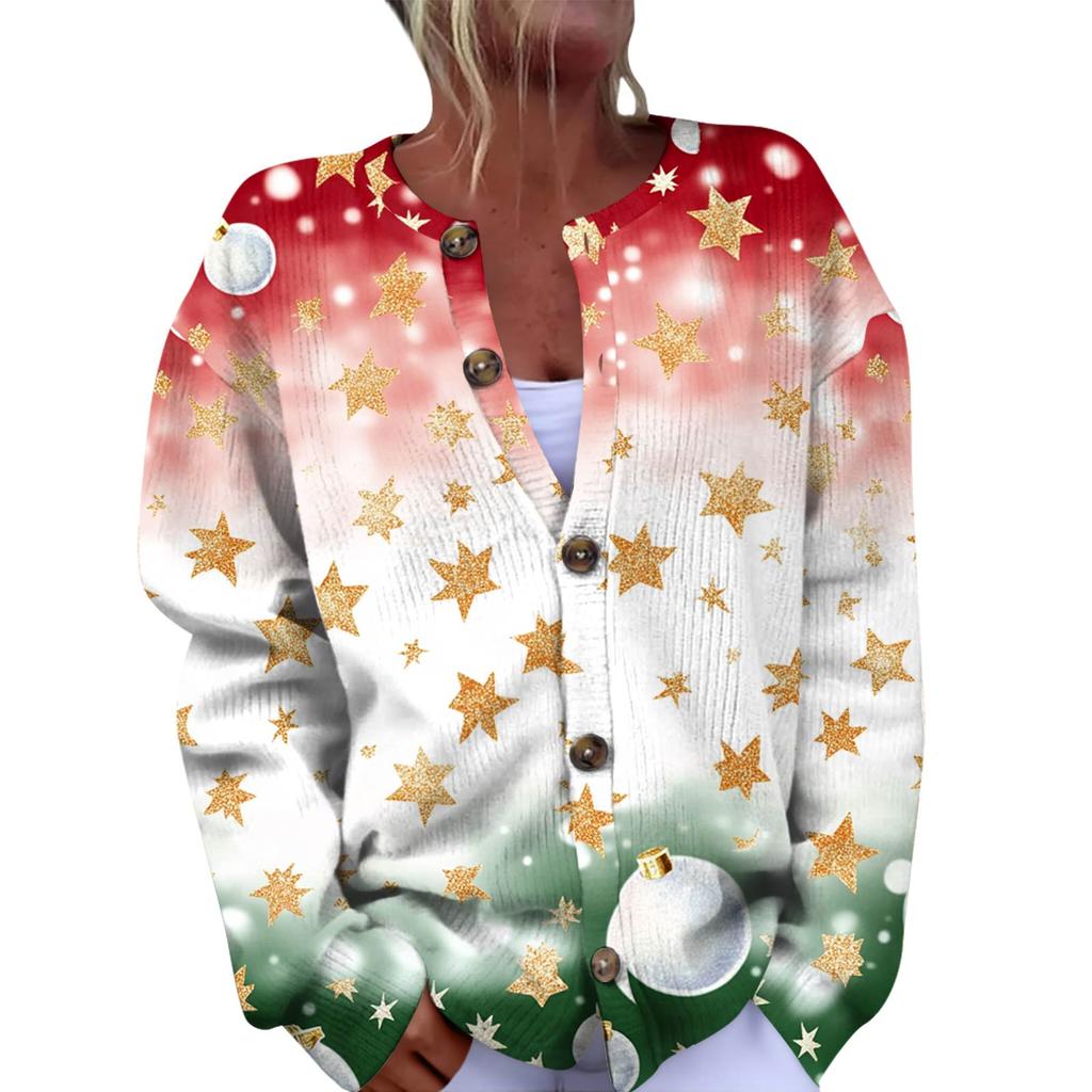 Women's Fashion Christmas Printed Long Sleeve Knitted Cardigan Button Down Jacket