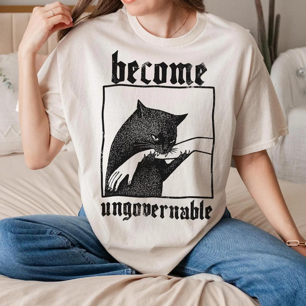 Become Ungovernable Funny Graphic Cat Biting Hand Unisex T-shirt