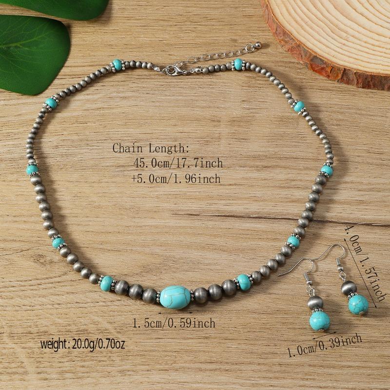 New Earrings Necklace 2-piece Fashion Turquoise Beaded Women's Earrings Necklace Chain