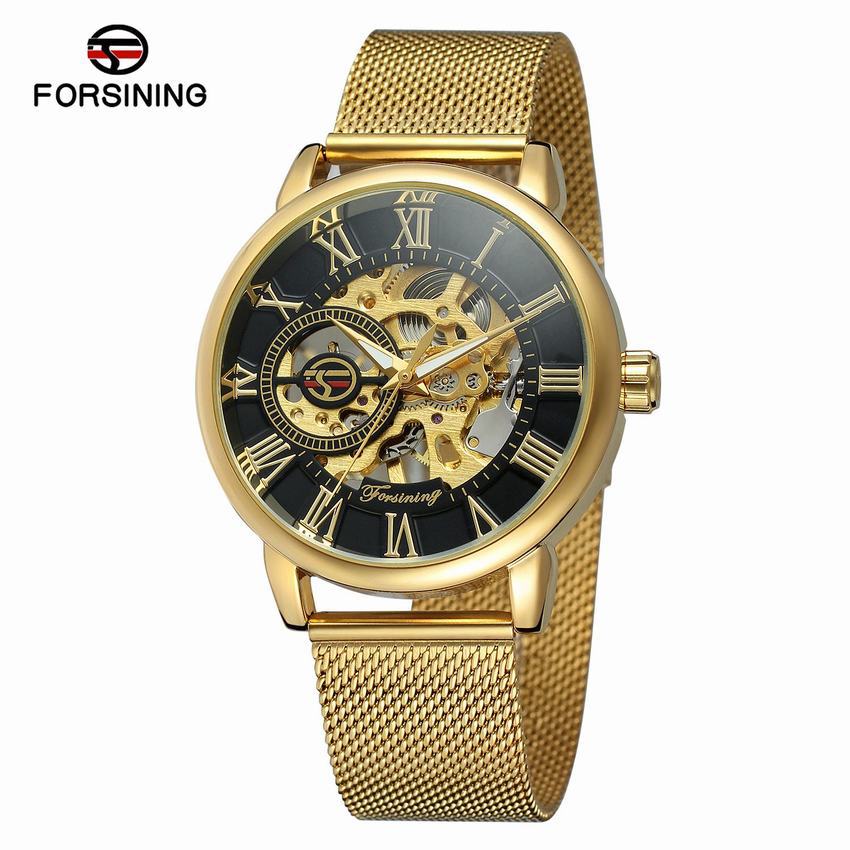 Forsining Watch Men's Fashion Leisure Roman Numerals Digital Mesh Belt Hollow Out Mechanical Watch