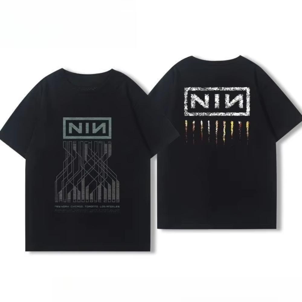 American Mens and Womens Summer Cotton Coat Nine Inch Nails Nine Inch Nails Surrounding Rock Band Short Sleeve Printed Tshirt