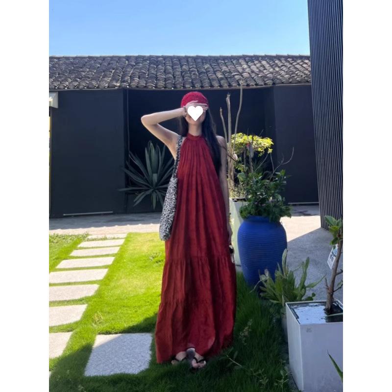 New Chinese Retro National Style Jacquard Red Neck Dress Women's Summer Seaside Vacation Temperament Big Pendulum Long Skirt