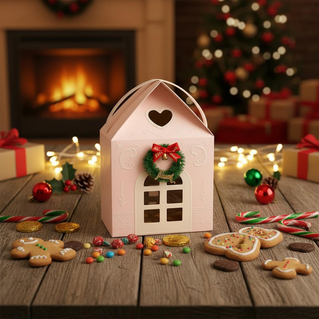 Christmas Cottage Gift Box Paper Treat Boxes with Handle Christmas Party Favor Box for Xmas Holiday Party Treat Goodie Packaging