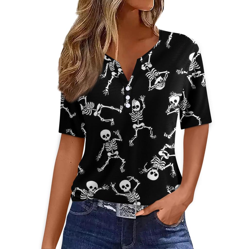 Women's Casual Short Sleeve V-Neck T-Shirt with Print and Decorative Buttons