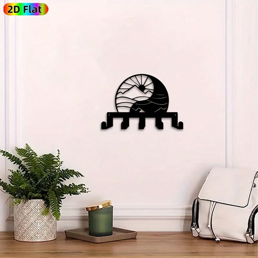Zen Yin Yang Moon Key Holder Heavy Iron Metal Wall Art 5 Hooks Asian Decor Gift