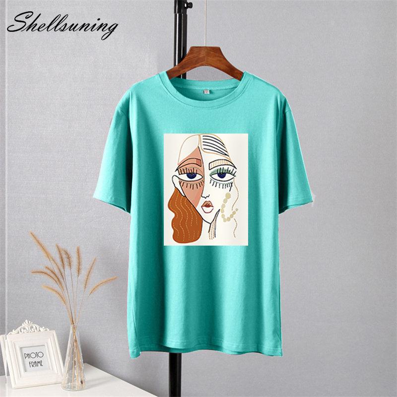 Shellsuning Summer Retro Character Printed T Shirts Women Korean Graphic Trendy Tees Loose Casual Short Sleeve Female Tops