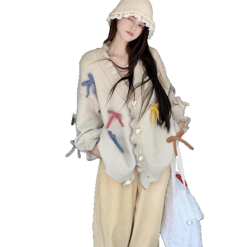 Autumn/Winter 2025 Sweet Bowknot Ruffle Knit Cardigan for Women