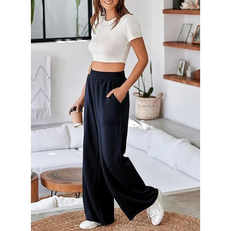 Womens High-Waisted Wide-Leg Casual Trousers Loose Fit Thick Winter Pant With Elastic Waist