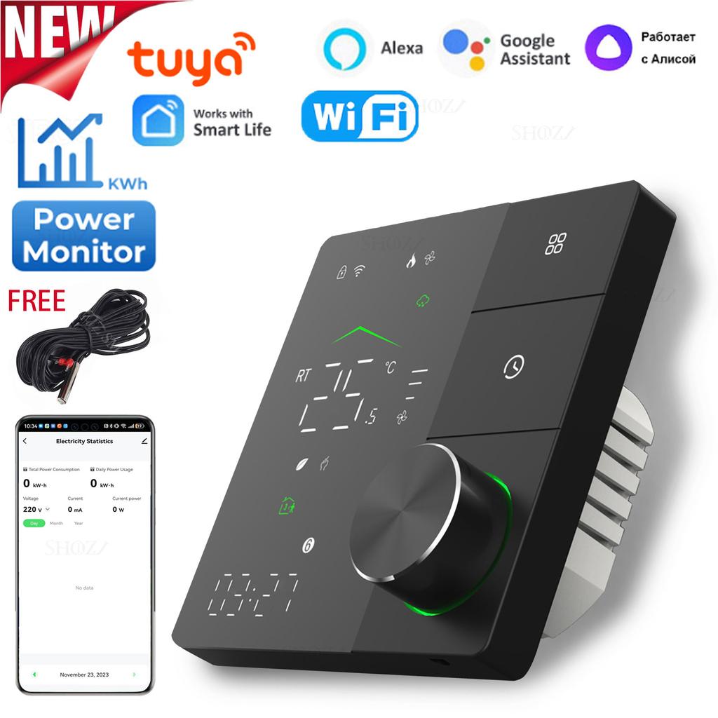 Tuya WiFi Smart Thermostat with Power Monitoring, Voice Control for Film Infrared Electric Warm Floor Heating System, 16A