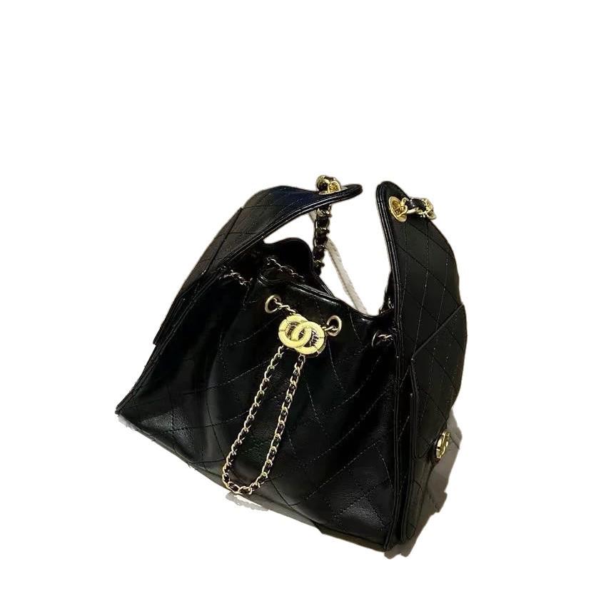 Women's Genuine Leather Hobo Bag - Caviar Grain, Suede, Diamond Pattern, Chain Drawstring
