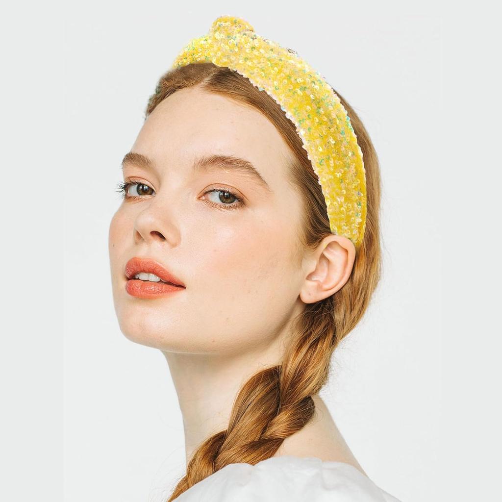 Yellow Glitter Knotted Headband Summer Knot Hair Bands Fashion Sequin Hair Hoop Women Girls Hair Accessories for Summer Theme Birthday Wedding Party