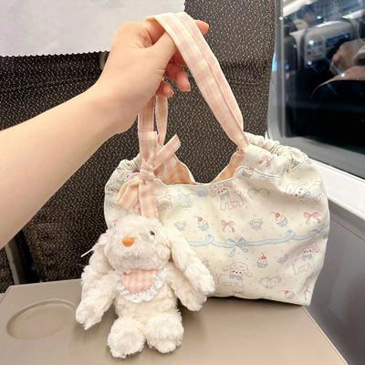 Urocza płócienna torba z owieczką Przenośna modna urocza płócienna torba z motywem kwiatowym i sercem dla dziewczynki Torba na bento dla kobiet
