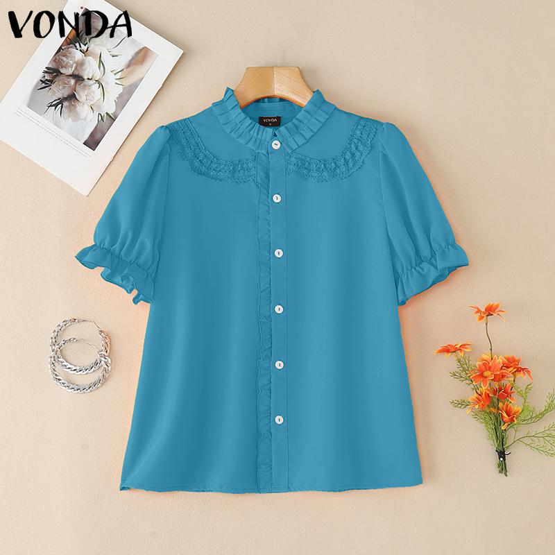 VONDA Elegant Women Blouse Casual Puff Sleeve V Neck Crochet Hem Ruffled Tops