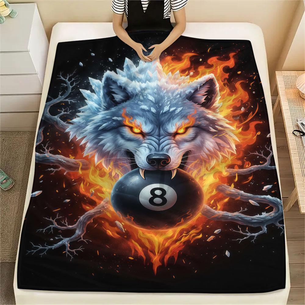 1Pc IceFireWolf Print Flannel Blanket, High Quality Comfortable for All Seasons, Home Decor, Warmth and Comfort, Perfect for Christmas Gifts