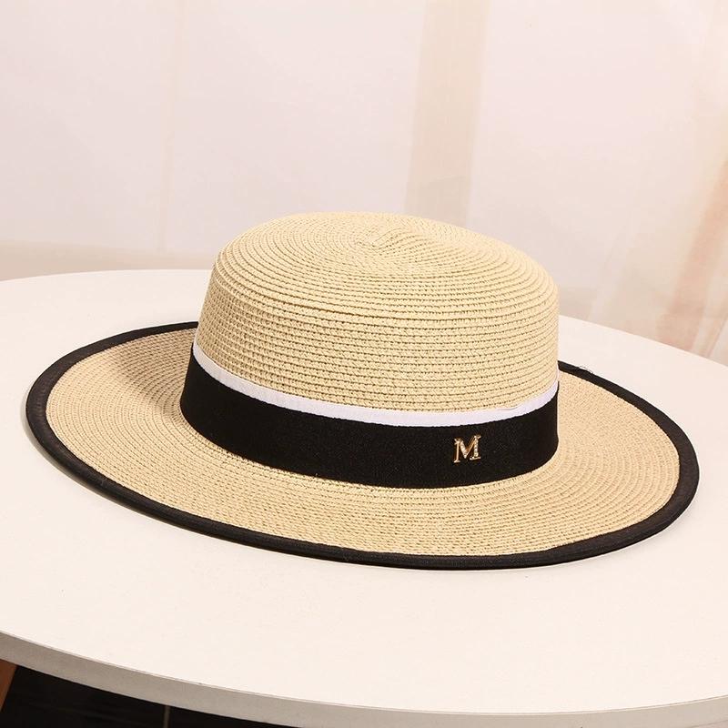 Women's Summer Travel Beach Jazz Hat Seaside Sunshade Sun Protection Straw Hat Flat Top British Hat Straw Woven