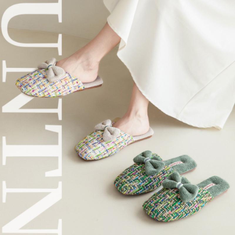 Fashion Luxury Fluffy Cotton Slippers Women Sweet Bow Decoration Brand Designer Shoes Comfortable Lightweight Soft Bottom Home Slippers