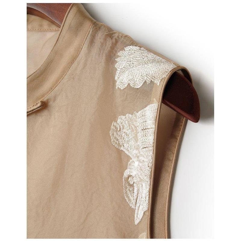 Women Bird And Floral Embroidered Mandarin Collar Frog Button Double Layer Organza Vest