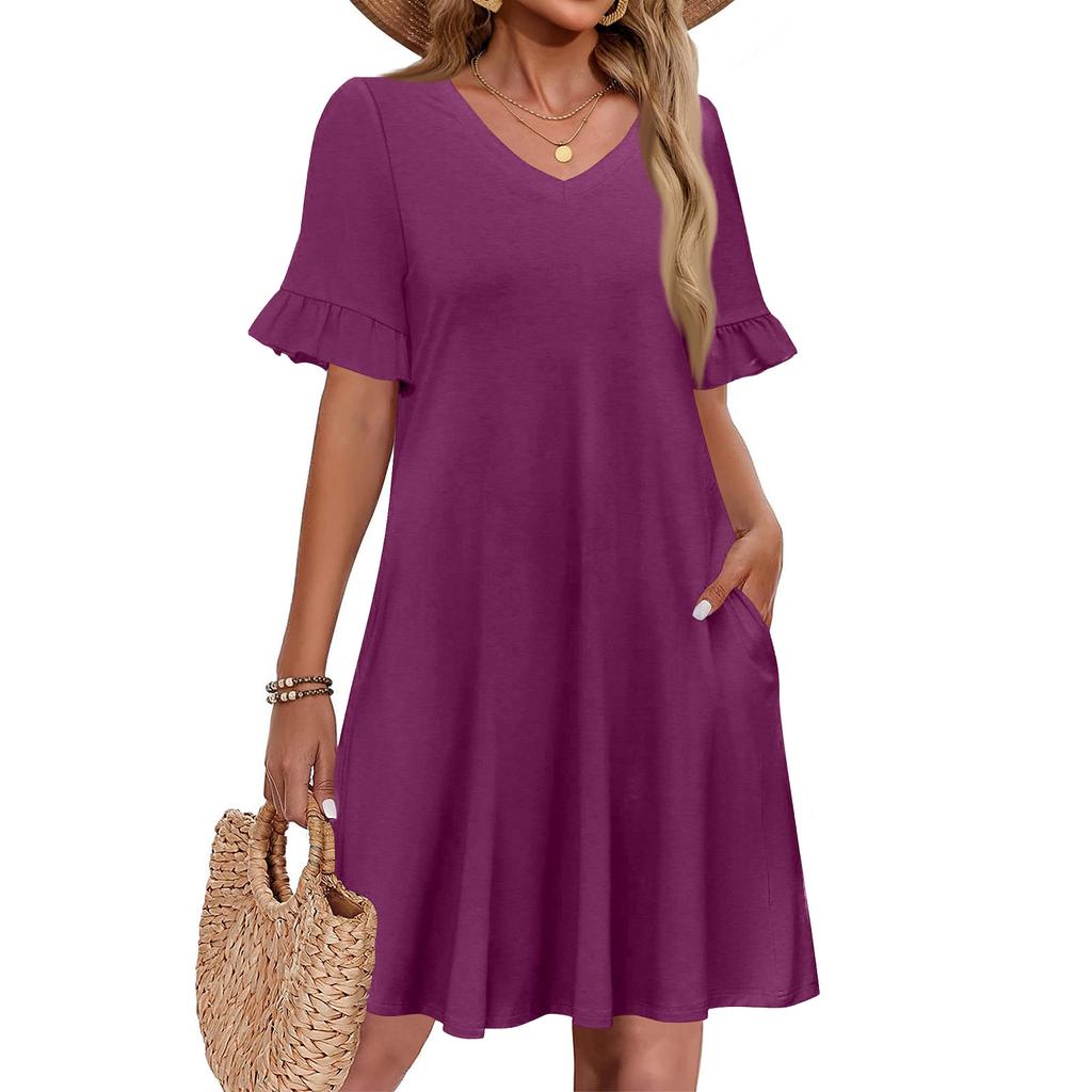 Women A Line Sun Dress Short Sleeve V Neck Dress With Pockets
