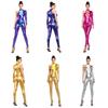 Transparenter Netzstoff Patchwork Metallischer Jumpsuit Einzelner Langer Ärmel Asymmetrischer Unitard für Damen Club Nacht Rave Party