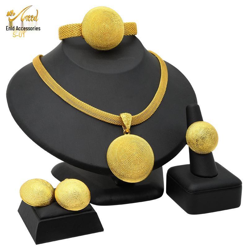 24K Dubai Gold Bridal Jewelry Set: Necklace, Bracelet, Earrings, Ring for African Women