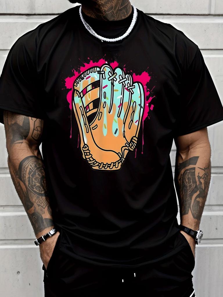 Colorful Baseball Glove Drip Splash Graphic Unisexs Cotton Crew Neck Tee Short Sleeve Loose Casual Daily Street Male Wear Top