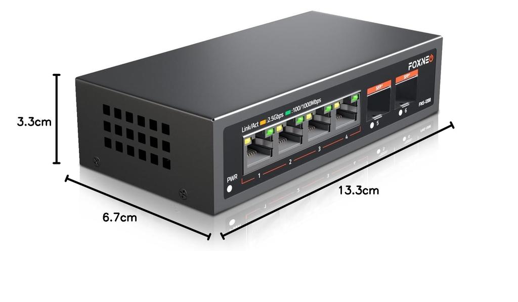 FOXNEO 2.5Gbps Switching Hub with 6 Ports (4x2.5G RJ45 and 2x10G SFP+) - Ideal for Personal and Home Use - Silent Fanless Design - Desktop or Wall Mou