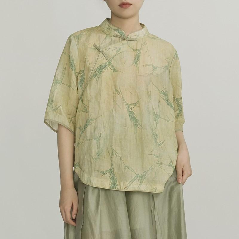 Johnature Women Vintage Stand Shirts Tops Half Sleeve Print Floral Blouses Spring Women Chinese Style Shirts